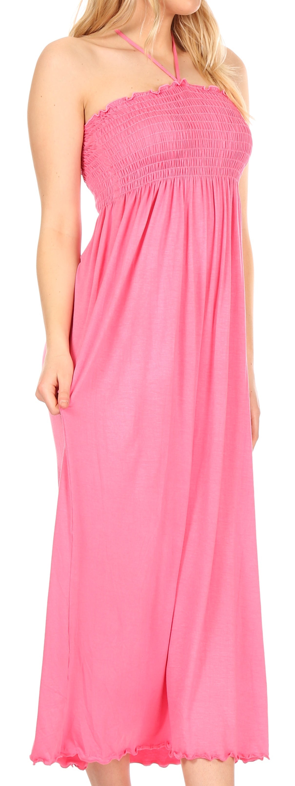 Sakkas - Soft Jersey Feel Solid Color Smocked Bodice String Halter Long Dress