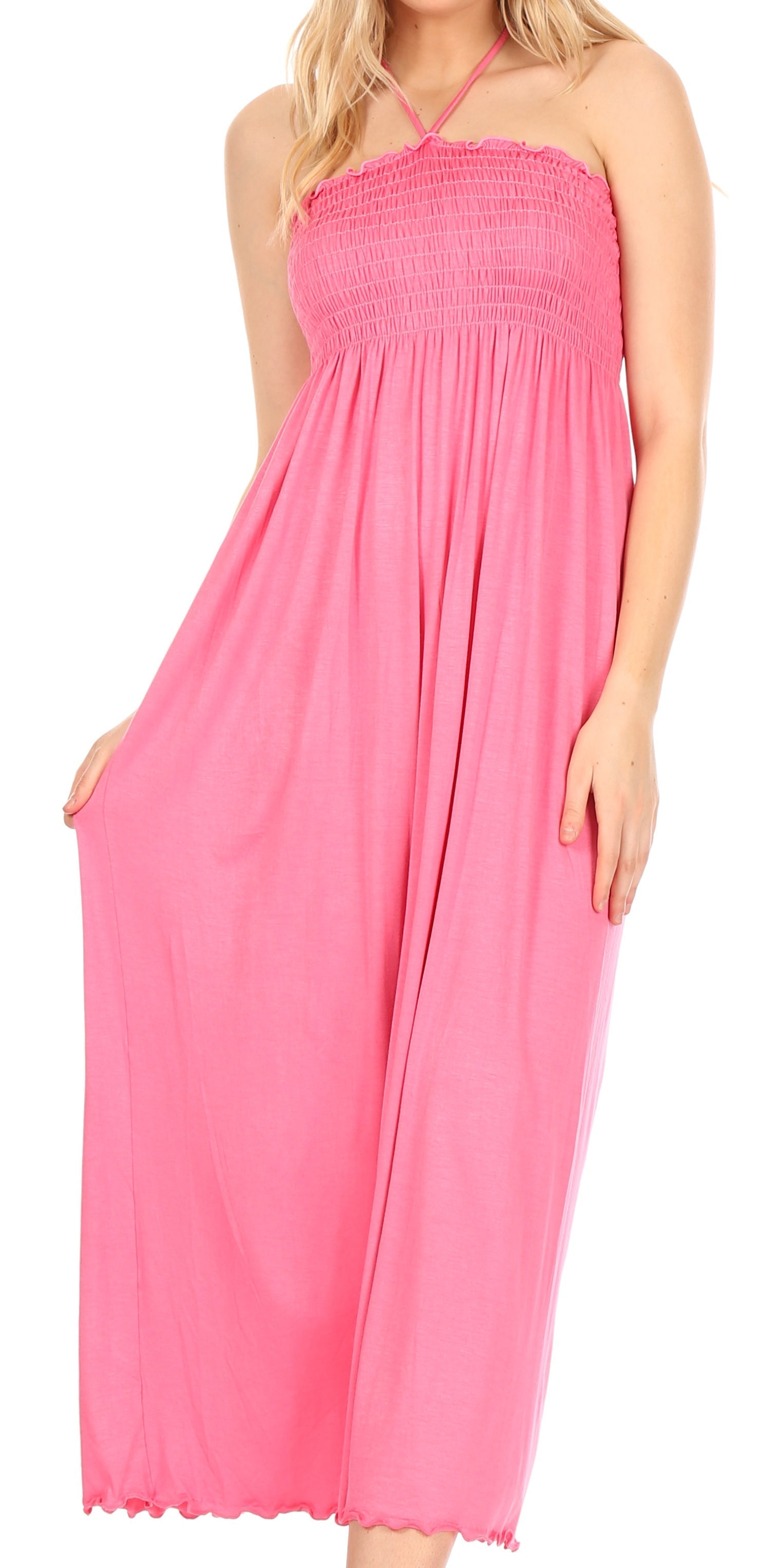 Sakkas - Soft Jersey Feel Solid Color Smocked Bodice String Halter Long Dress