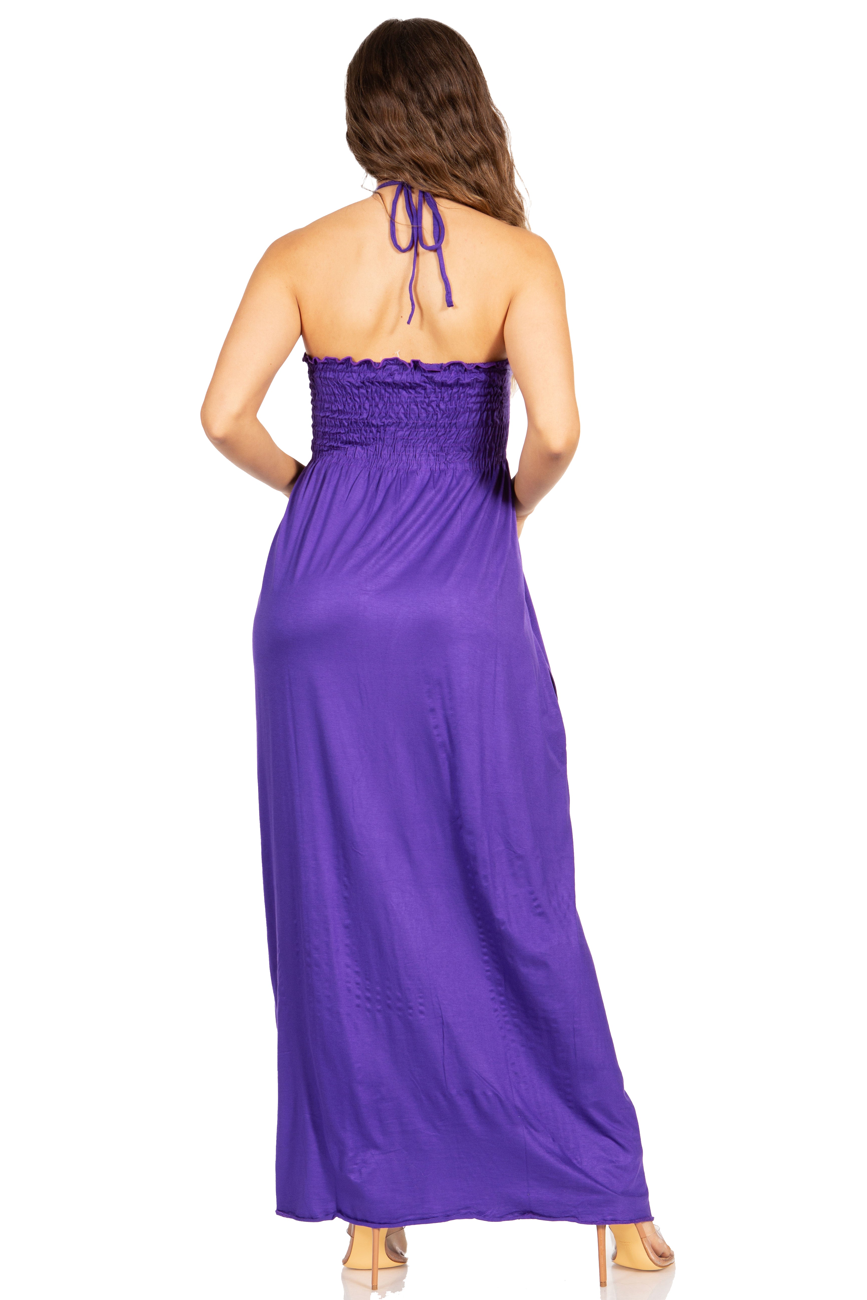 Sakkas - Soft Jersey Feel Solid Color Smocked Bodice String Halter Long Dress