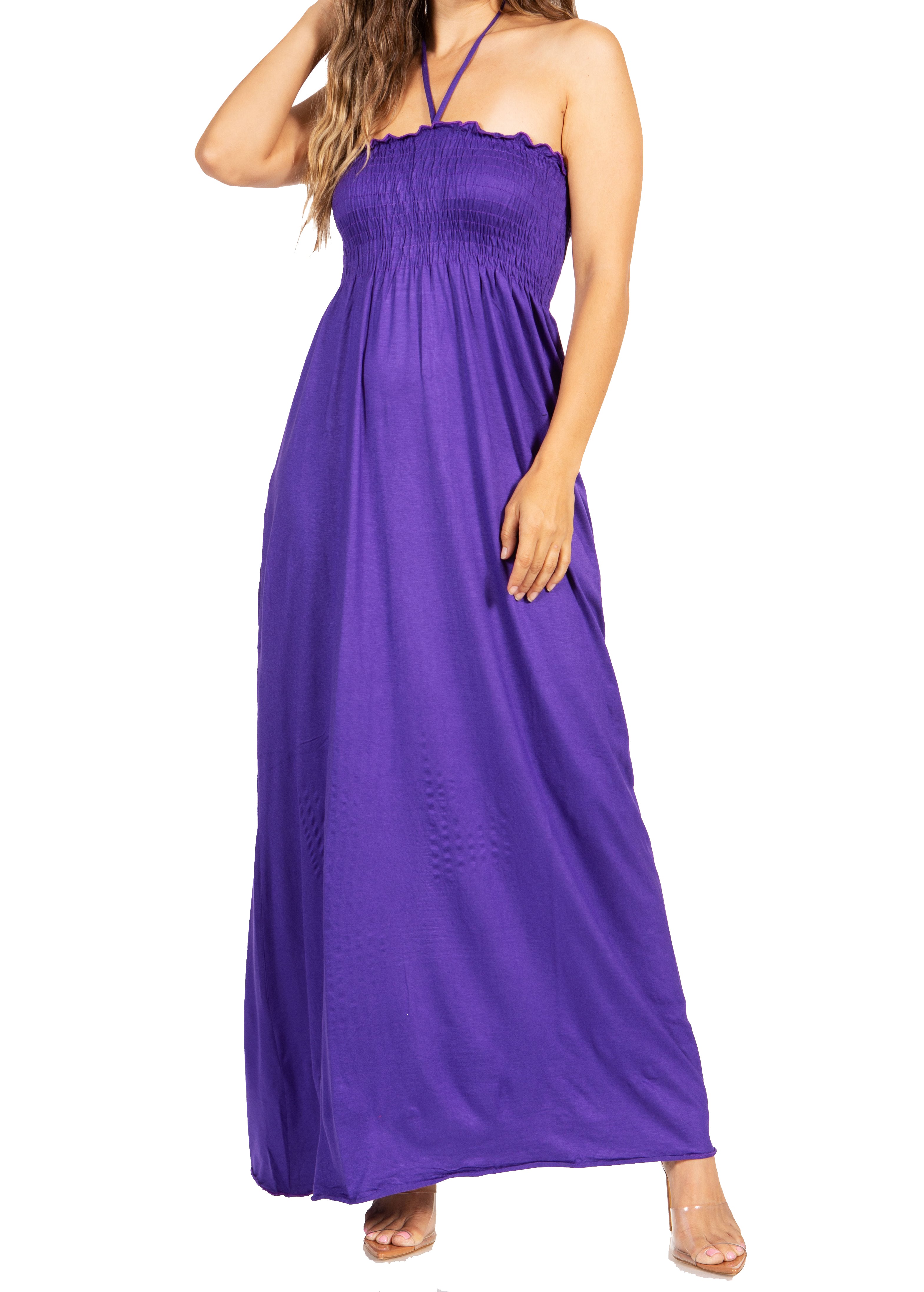 Sakkas - Soft Jersey Feel Solid Color Smocked Bodice String Halter Long Dress