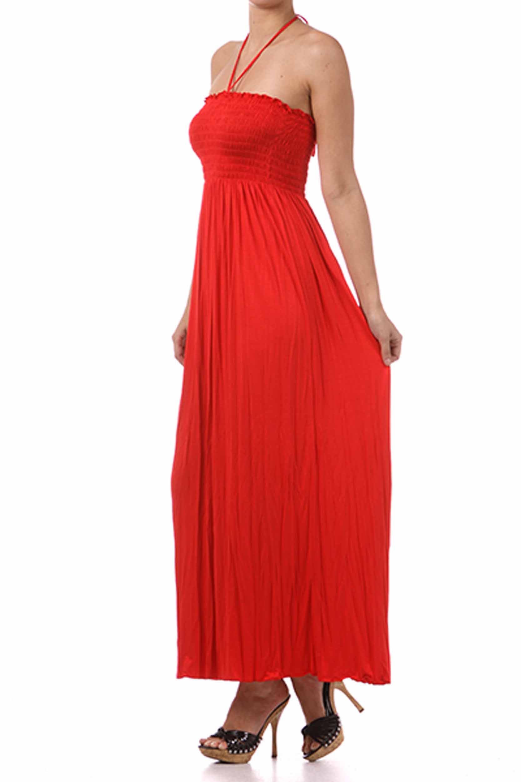 Sakkas - Soft Jersey Feel Solid Color Smocked Bodice String Halter Long Dress