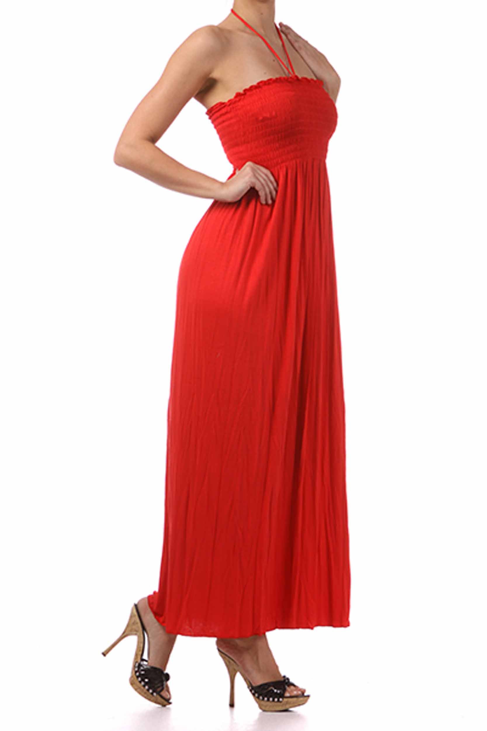 Sakkas - Soft Jersey Feel Solid Color Smocked Bodice String Halter Long Dress