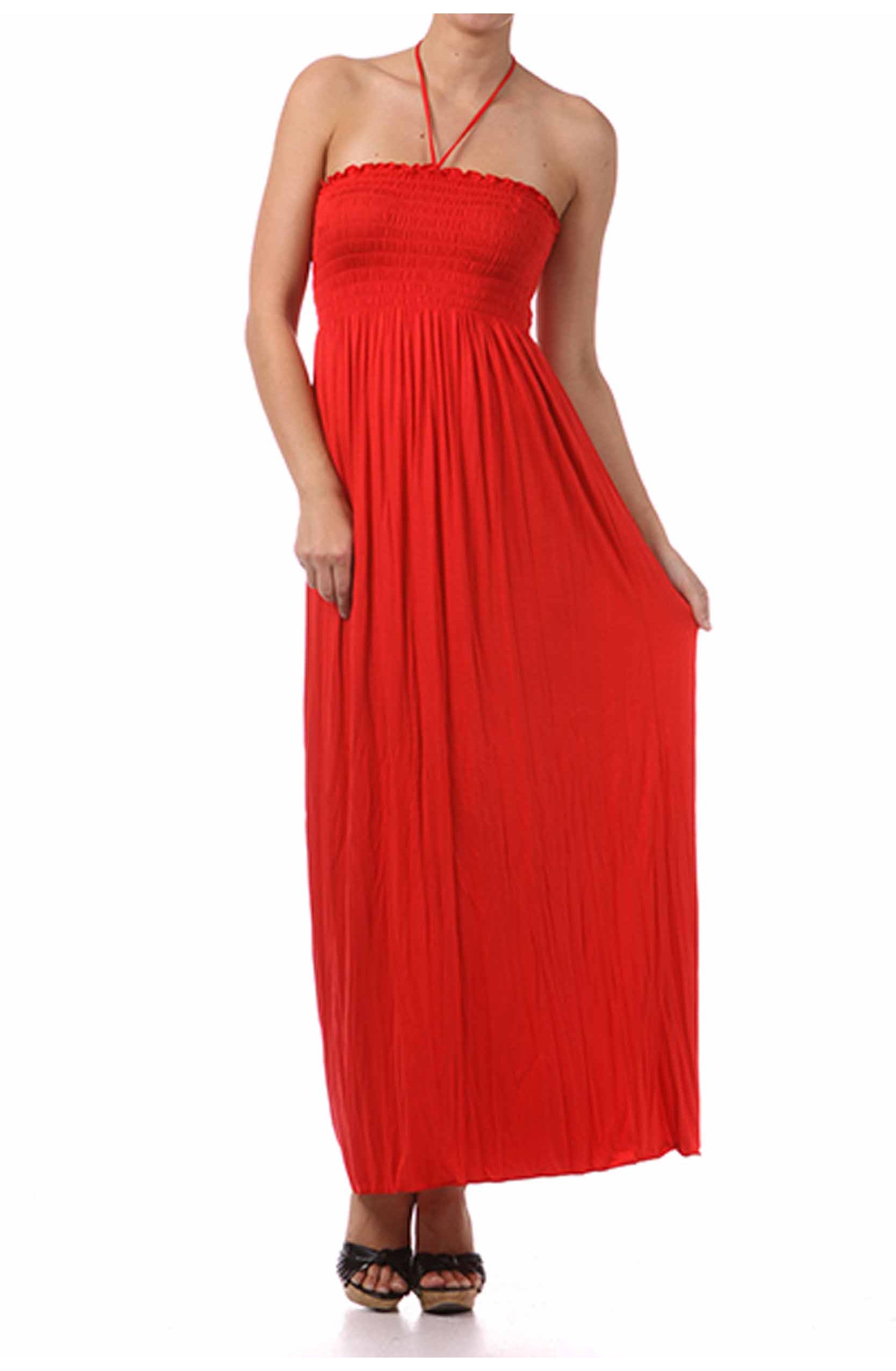 Sakkas - Soft Jersey Feel Solid Color Smocked Bodice String Halter Long Dress