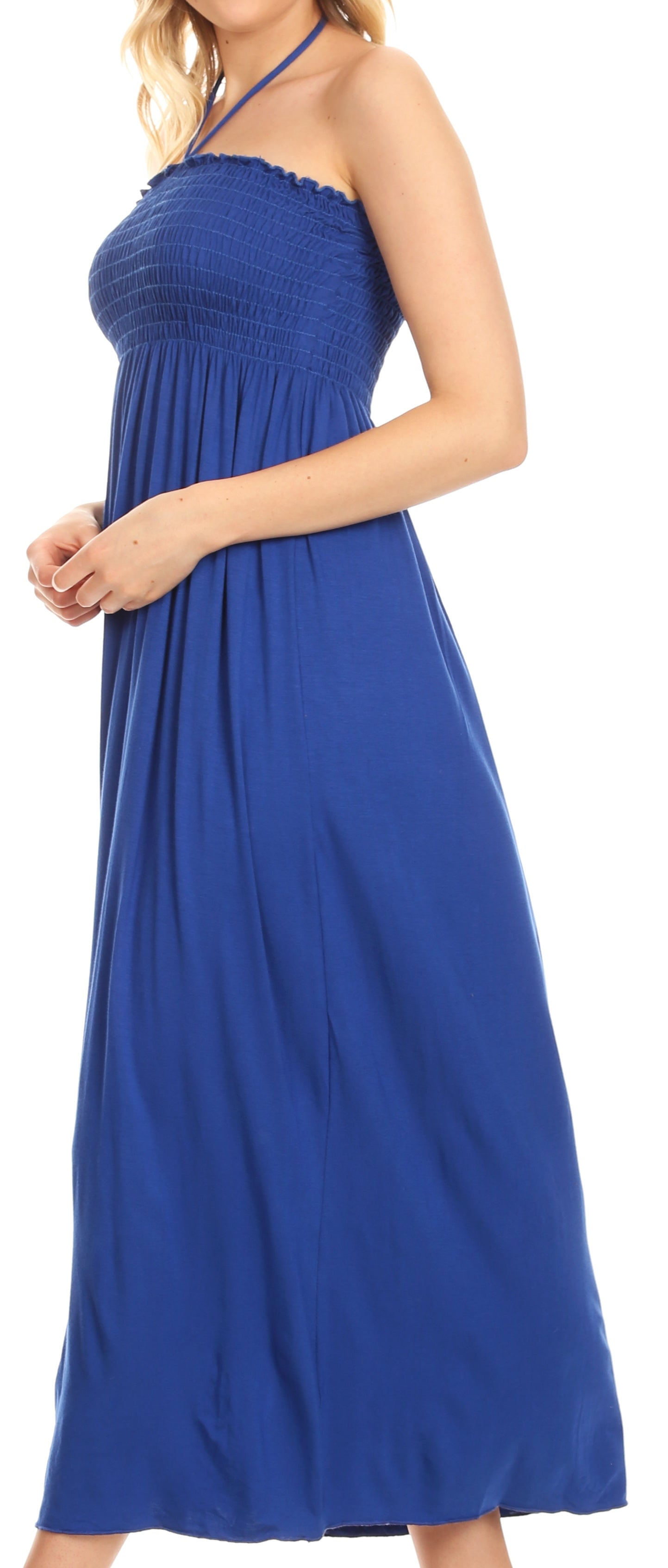 Sakkas - Soft Jersey Feel Solid Color Smocked Bodice String Halter Long Dress