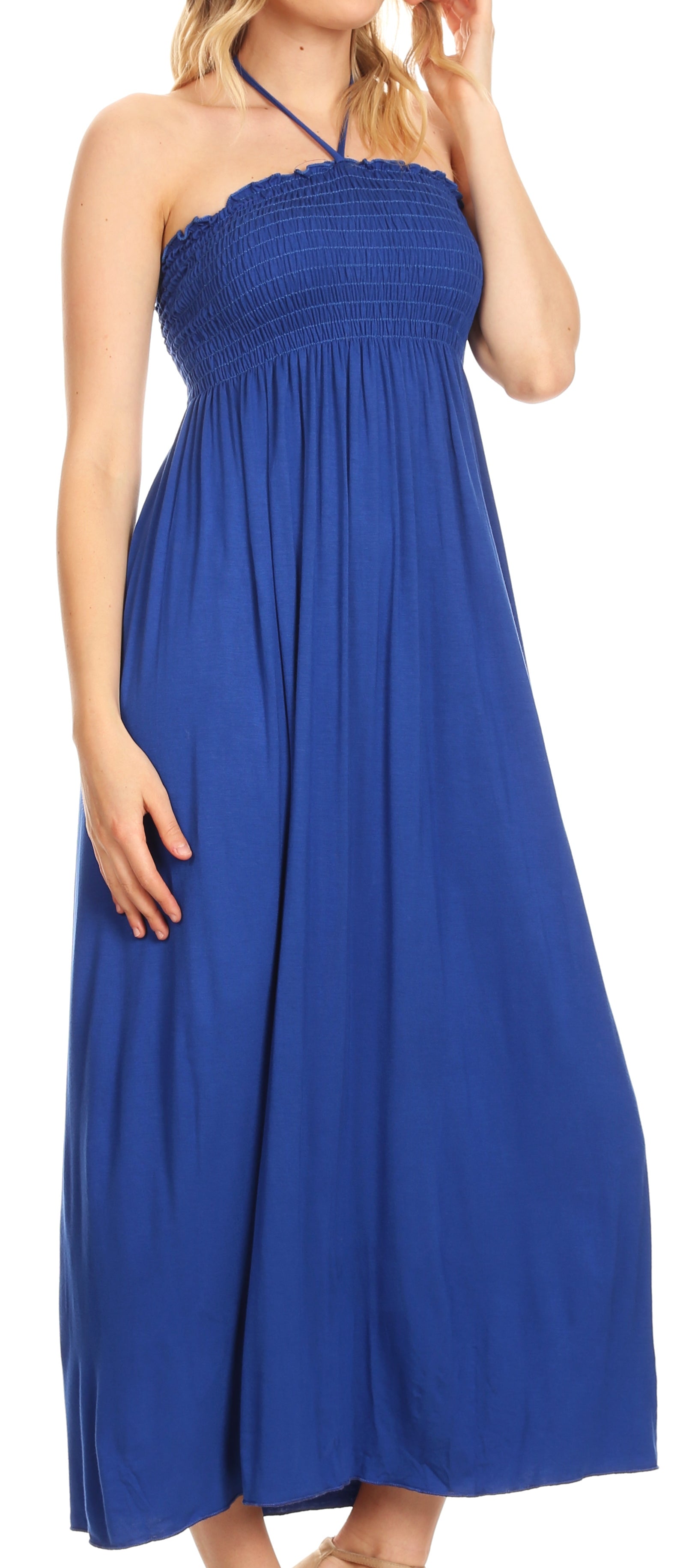 Sakkas - Soft Jersey Feel Solid Color Smocked Bodice String Halter Long Dress