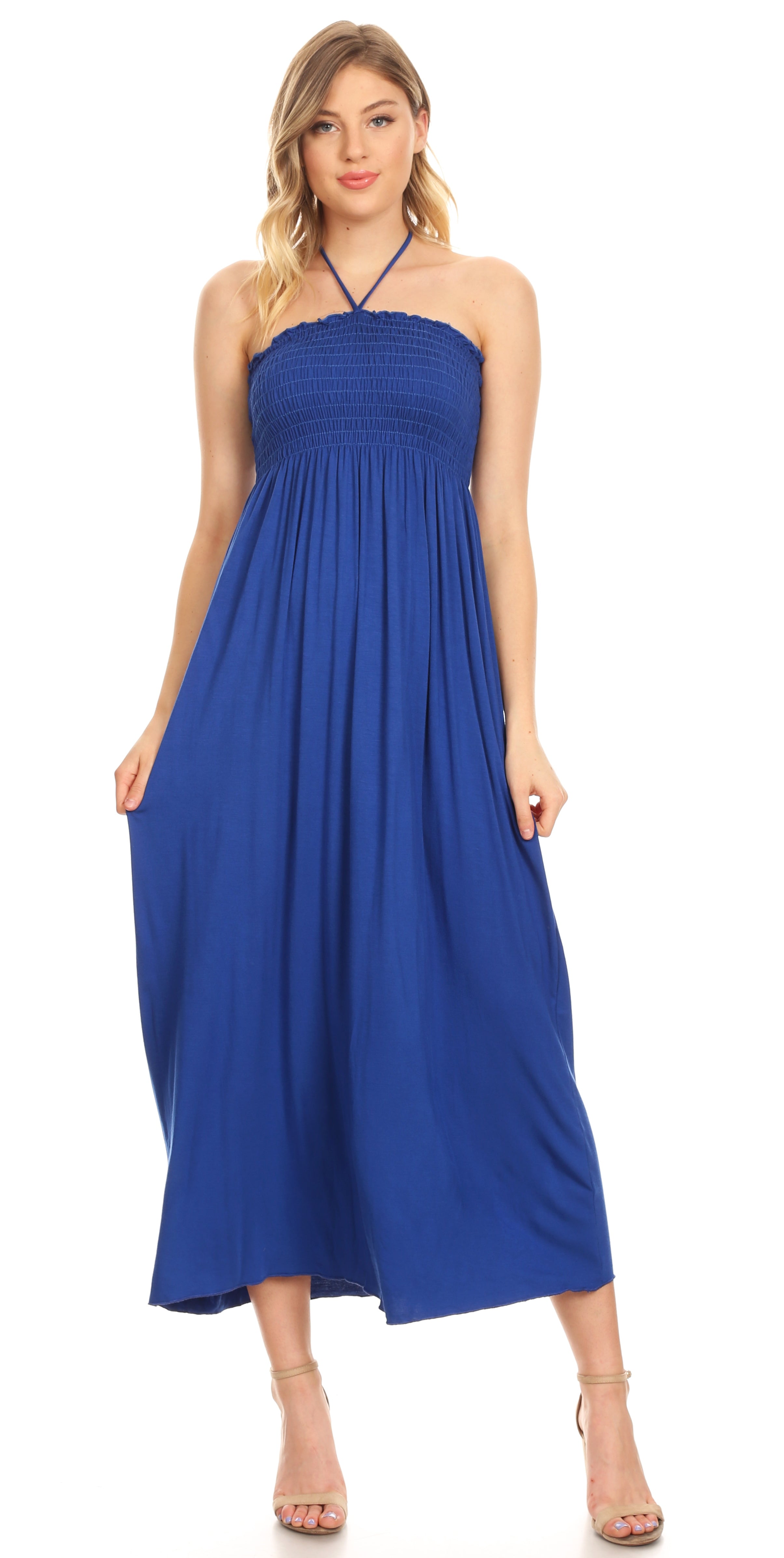 Sakkas - Soft Jersey Feel Solid Color Smocked Bodice String Halter Long Dress