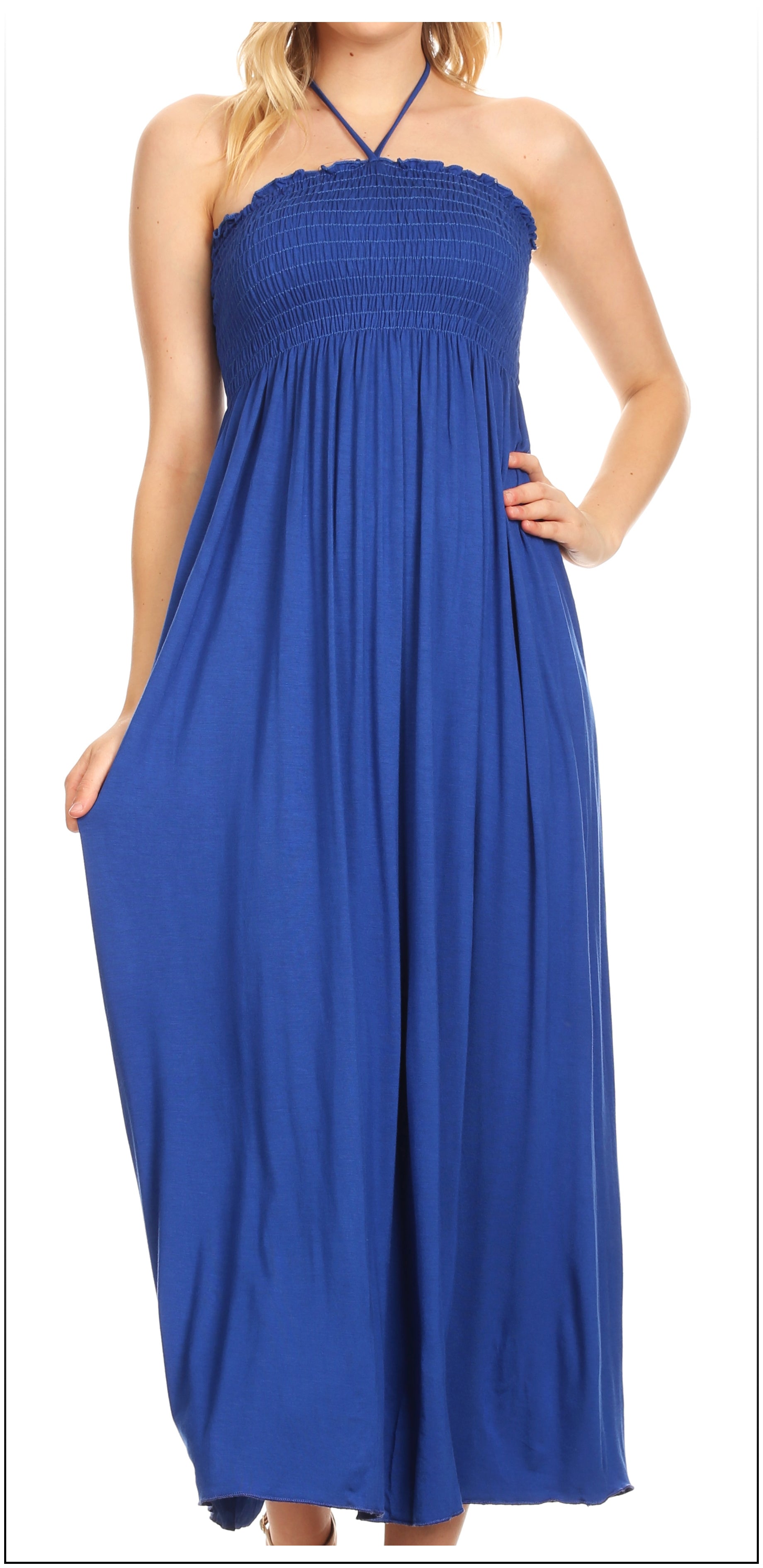 Sakkas - Soft Jersey Feel Solid Color Smocked Bodice String Halter Long Dress