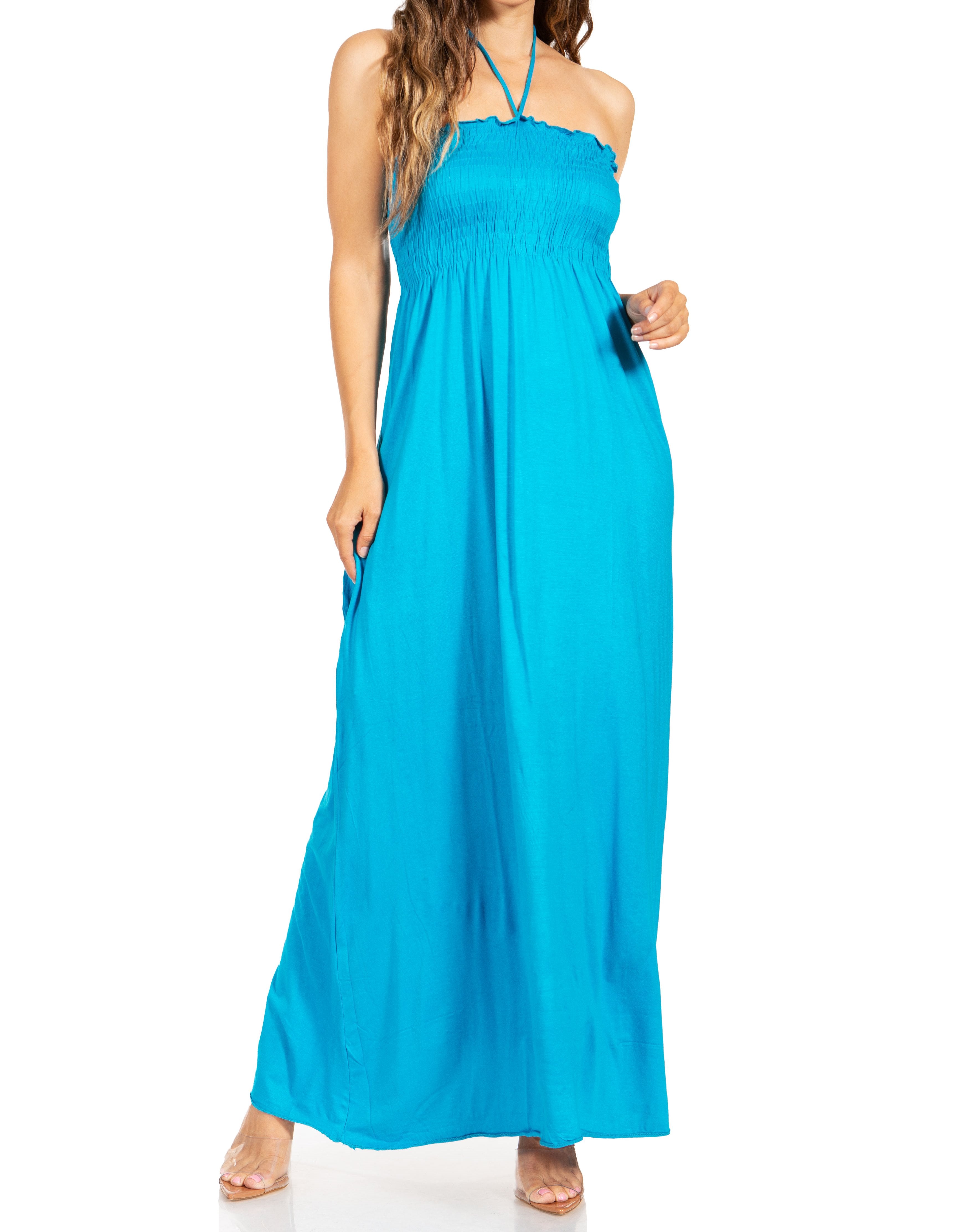 Sakkas - Soft Jersey Feel Solid Color Smocked Bodice String Halter Long Dress