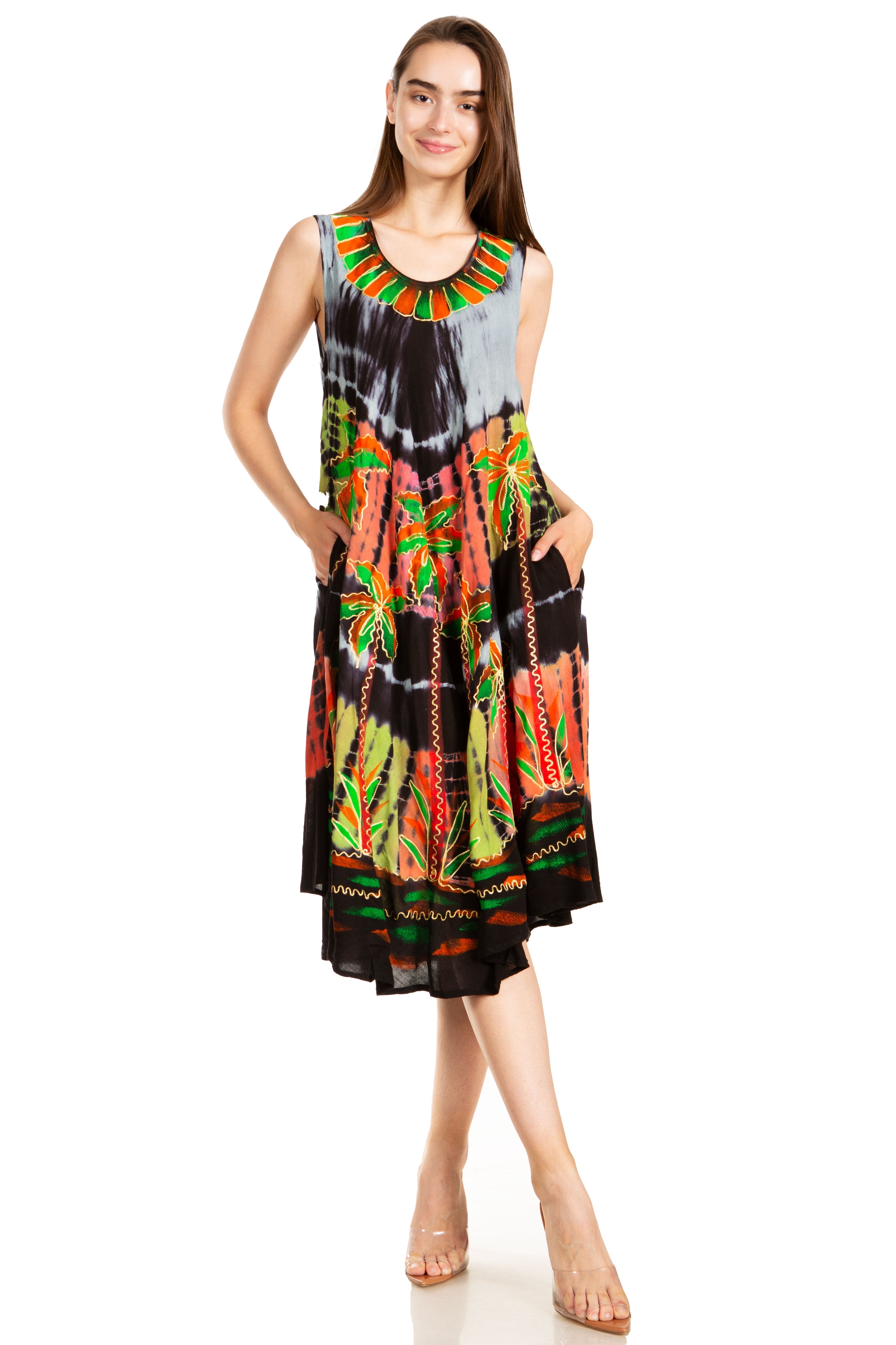 Woman wearing a colorful dress with a white background
