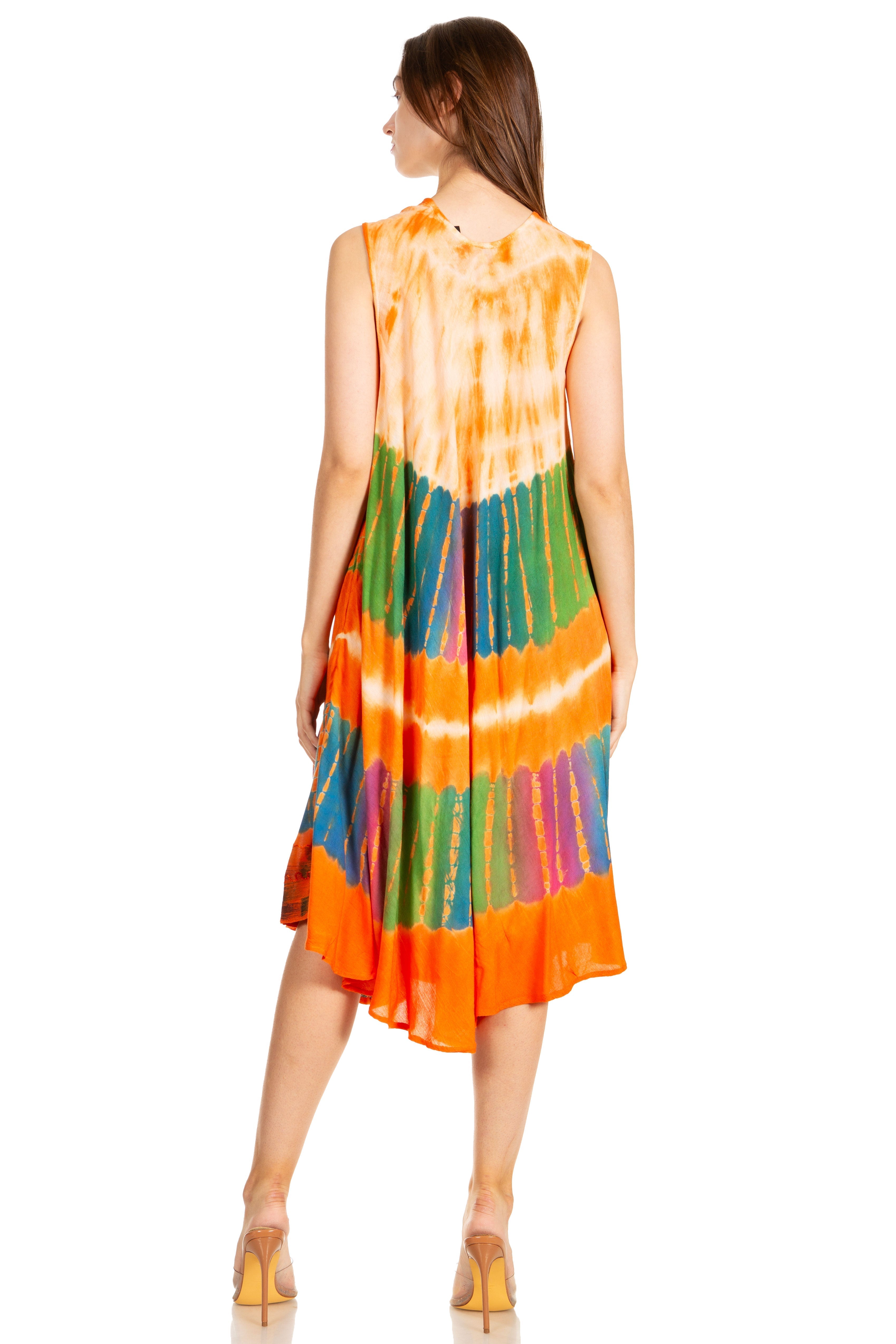 Woman wearing a colorful tie-dye dress on a white background