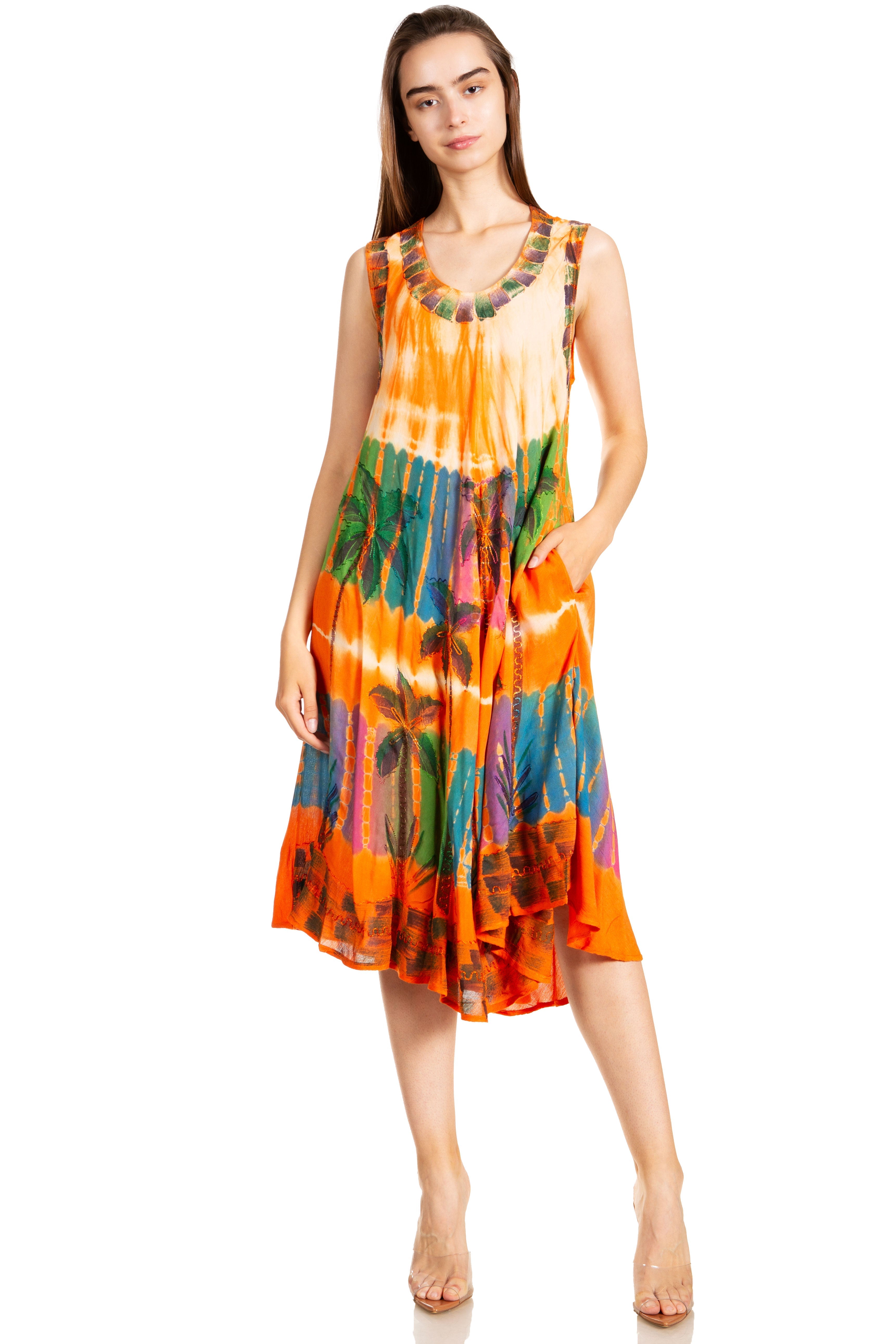 Woman wearing a colorful tie-dye dress on a white background