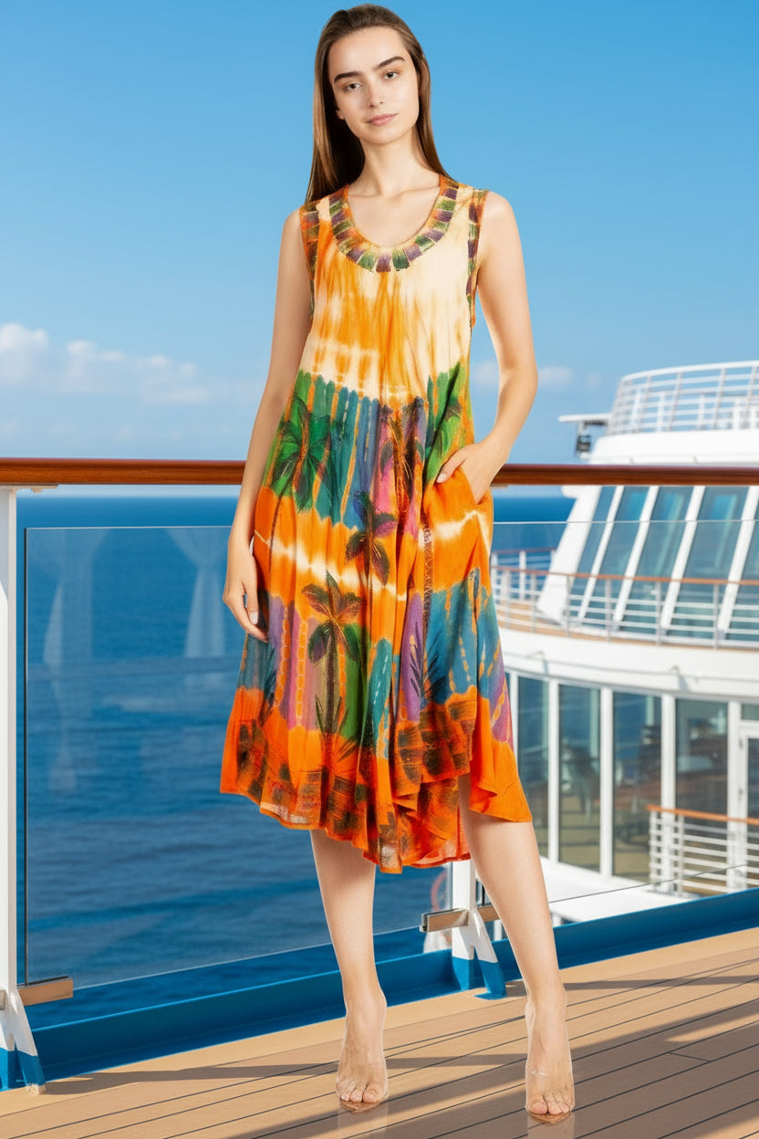 Woman wearing a colorful tie-dye dress on a white background