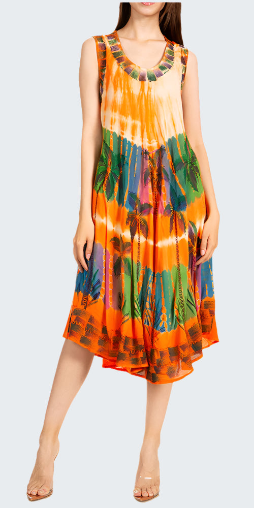 Woman wearing a colorful tie-dye dress on a white background