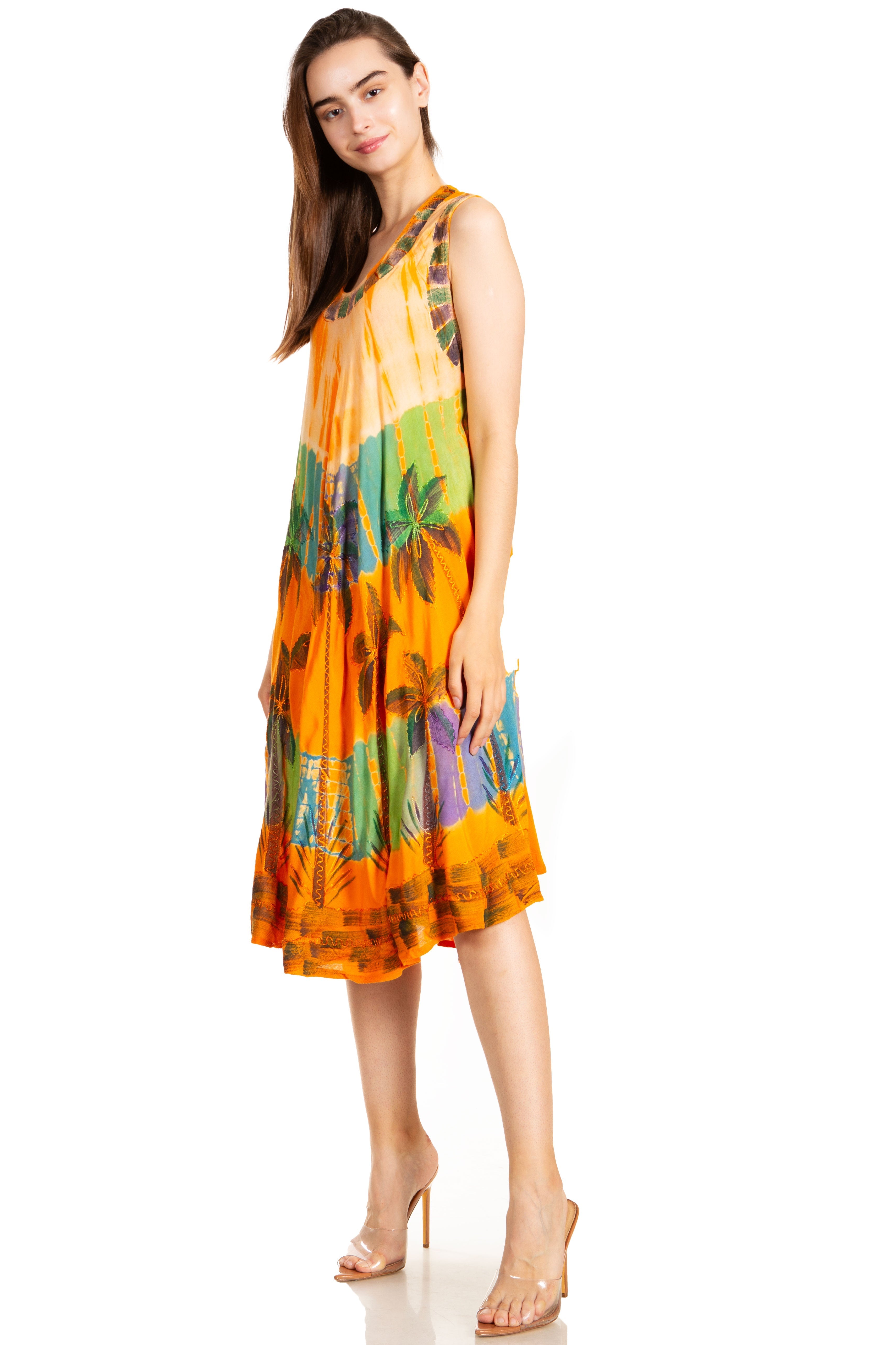 Woman wearing a colorful dress with a white background