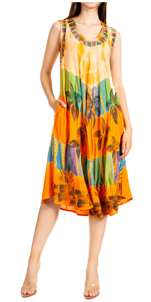 Woman wearing a colorful tie-dye dress on a white background
