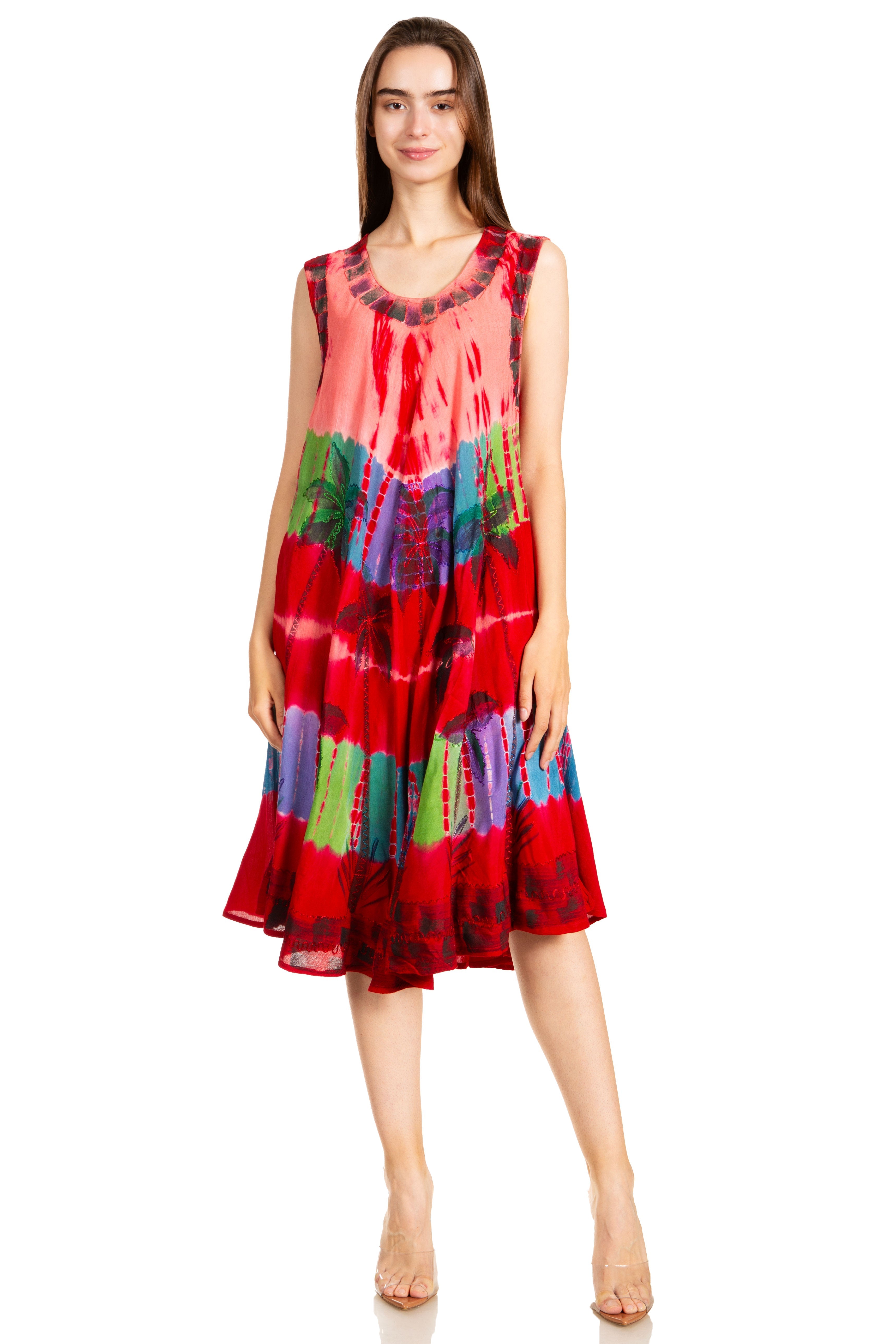 Woman wearing a colorful dress on a white background