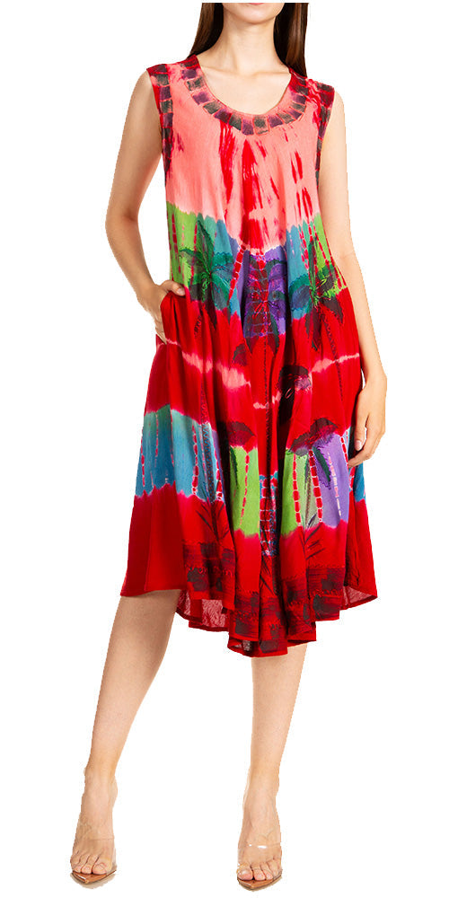 Woman wearing a red tie-dye dress with colorful patterns on a white background