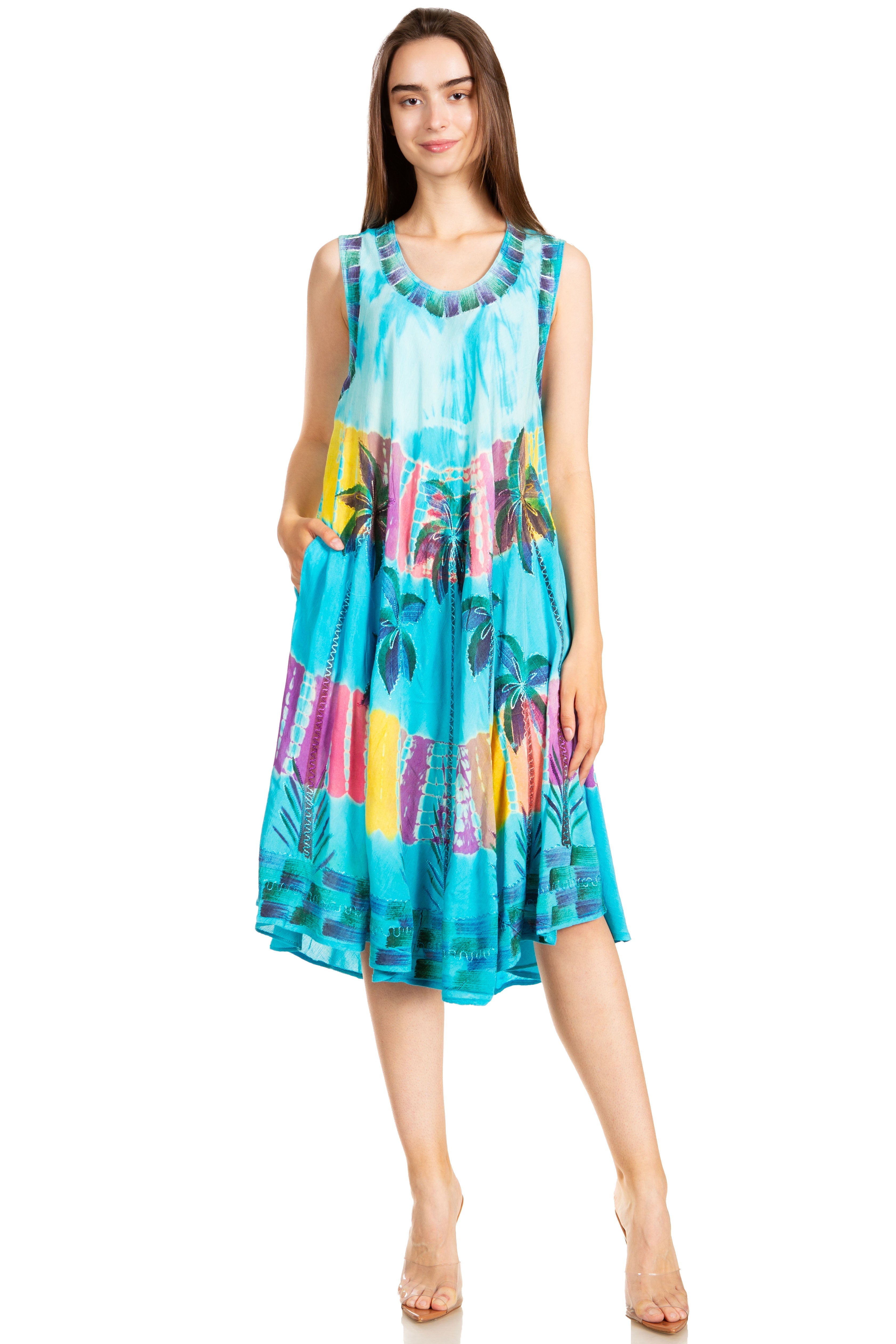 Woman wearing a colorful dress with a white background