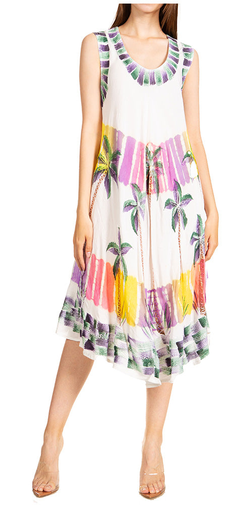 Multicolored sleeveless dress with floral patterns on a white background