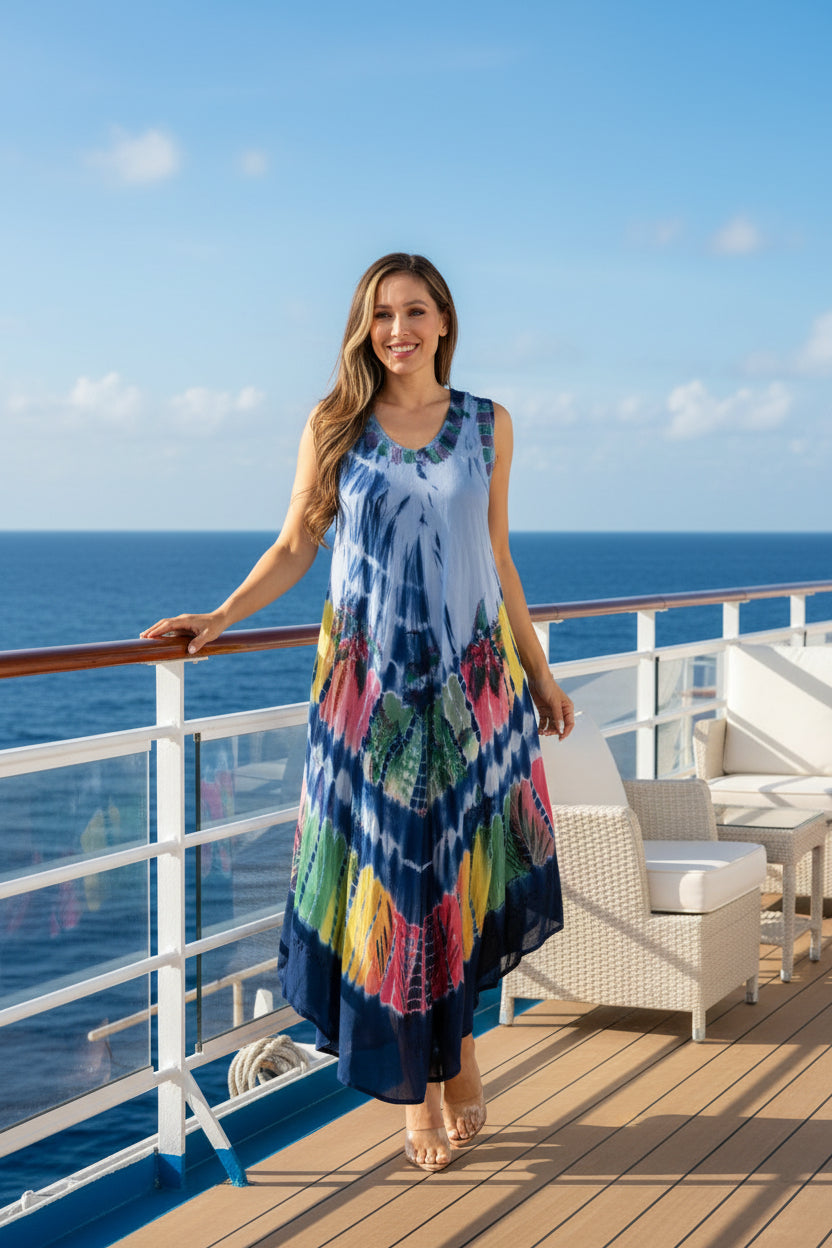 Woman wearing a colorful sleeveless dress on a white background