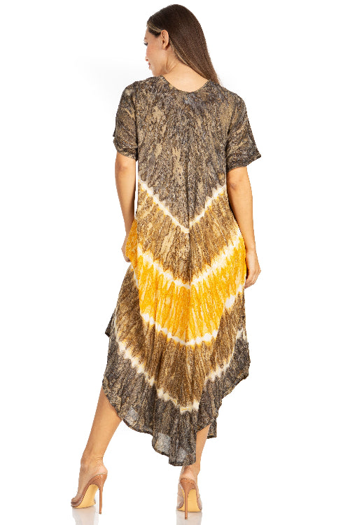 Woman wearing a tie-dye dress with a gradient from brown to yellow on a white background