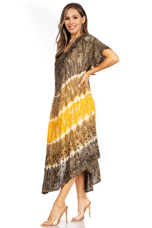 Woman wearing a patterned dress with a white background