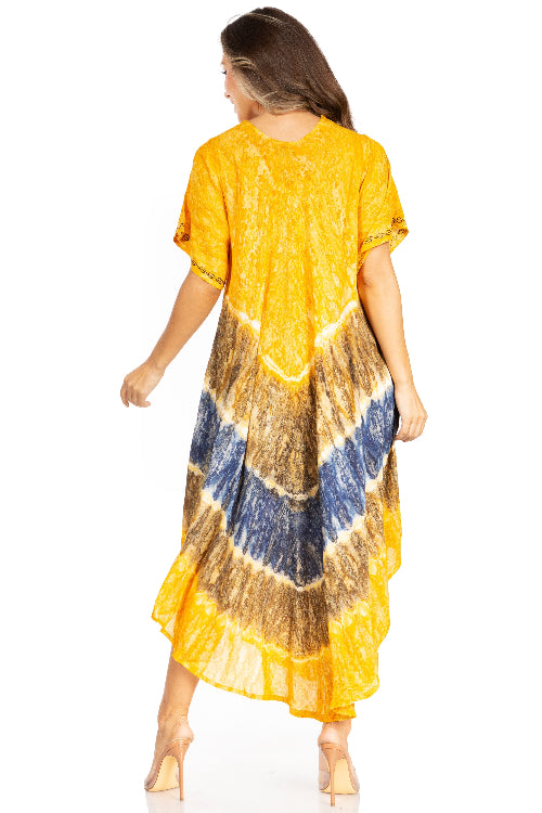 Woman wearing a yellow and blue tie-dye dress on a white background