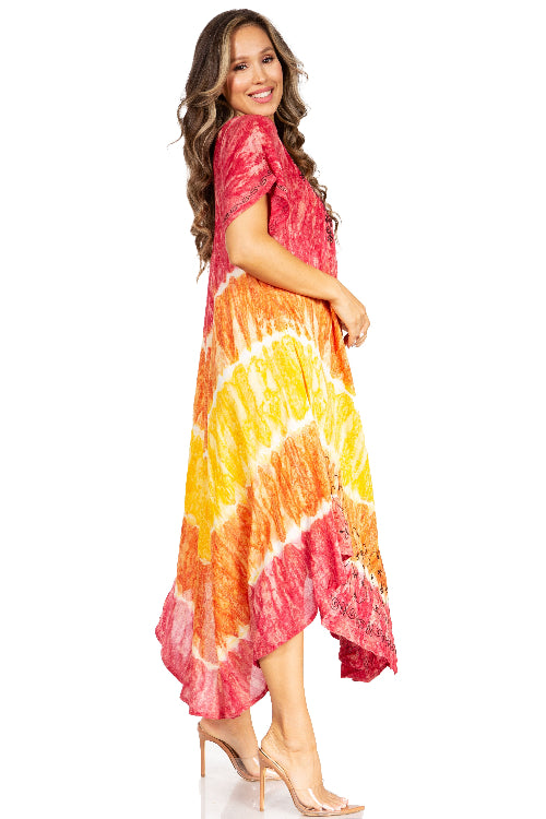 Woman wearing a colorful tie-dye dress on a white background