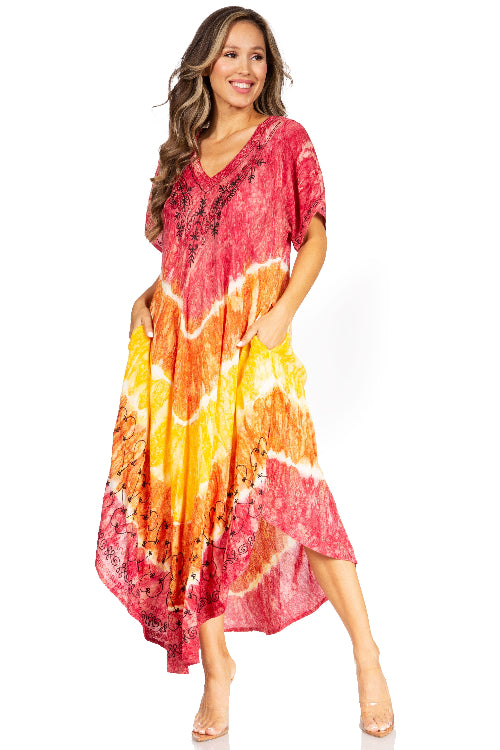 Woman wearing a colorful tie-dye dress on a white background