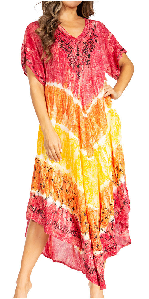 Woman wearing a colorful tie-dye dress with a white background