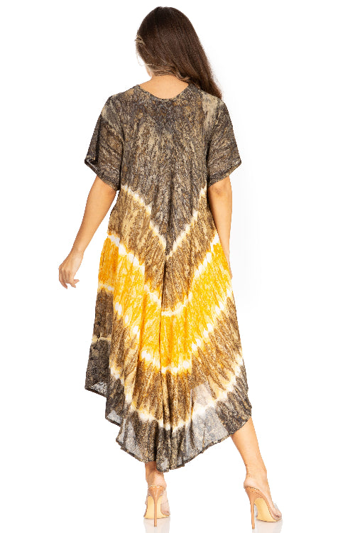 Woman wearing a tie-dye dress with brown, yellow, and gray pattern on a white background