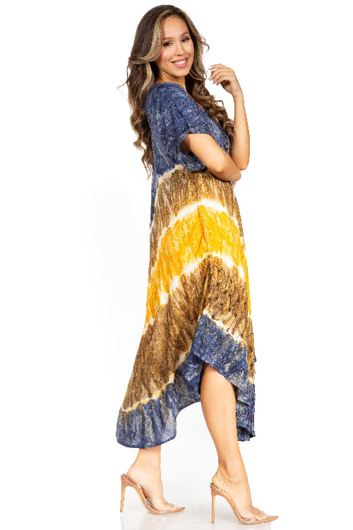Woman wearing a tie-dye dress with blue, yellow, and brown colors on a white background