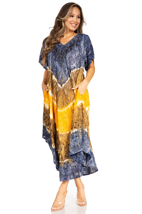 Woman wearing a colorful tie-dye dress on a white background