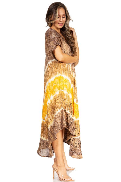 Woman wearing a tie-dye dress with a white background