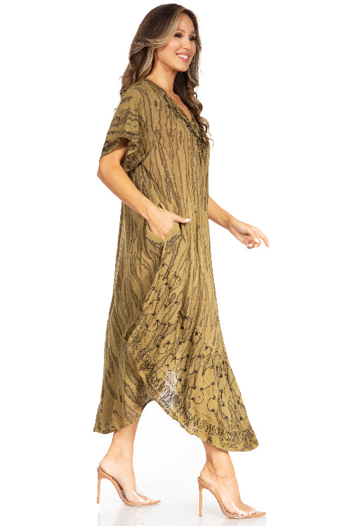 Woman wearing a patterned dress on a white background