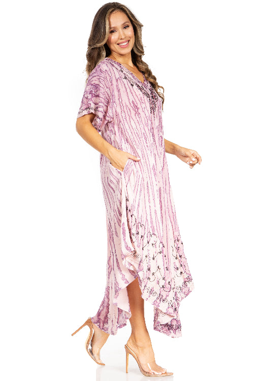 Woman wearing a pink floral dress on a white background