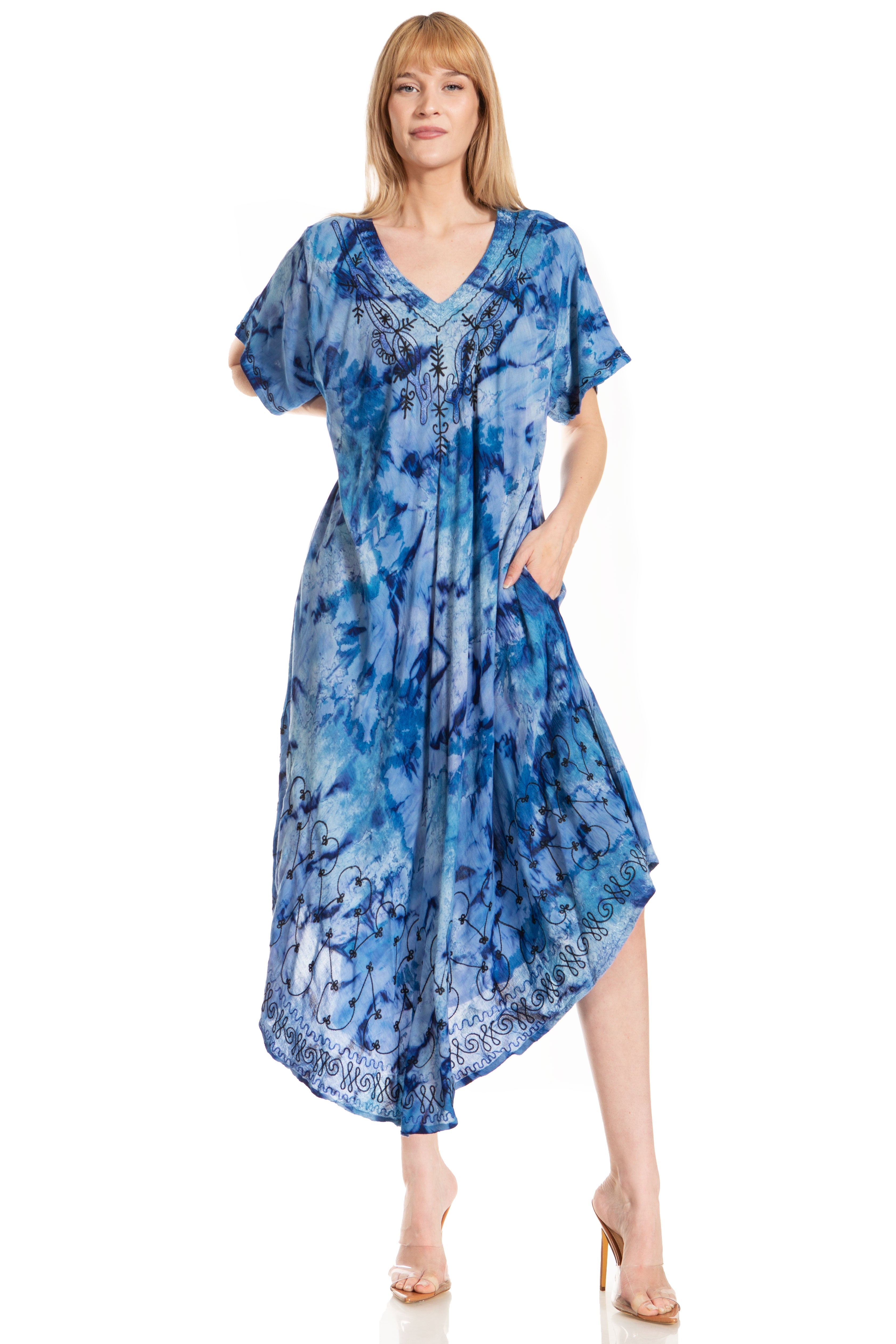 Woman wearing a blue floral dress on a white background