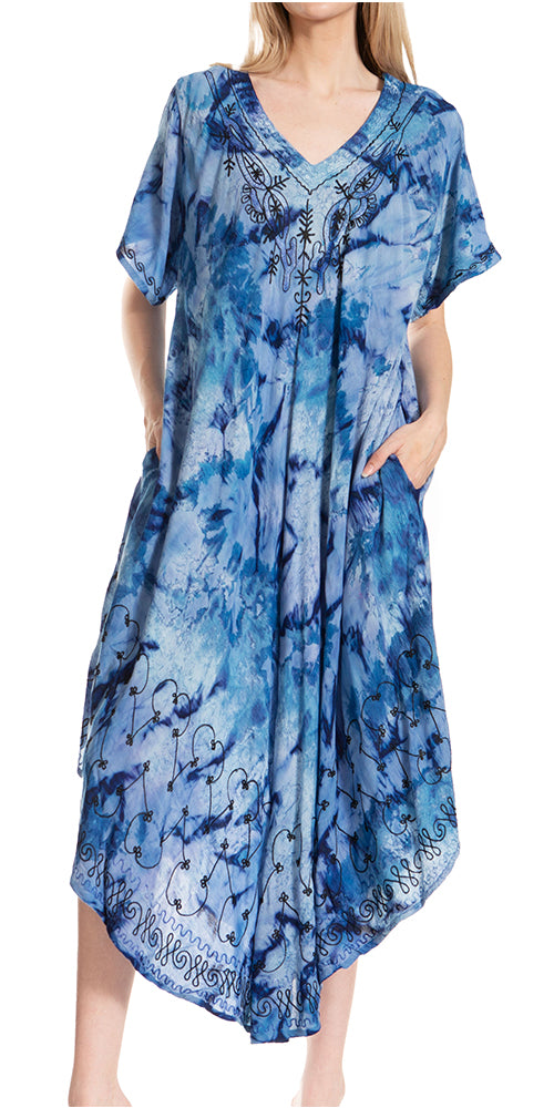 Blue tie-dye dress worn by a model on a white background