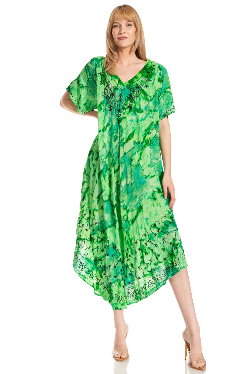 Woman wearing a green floral dress on a white background