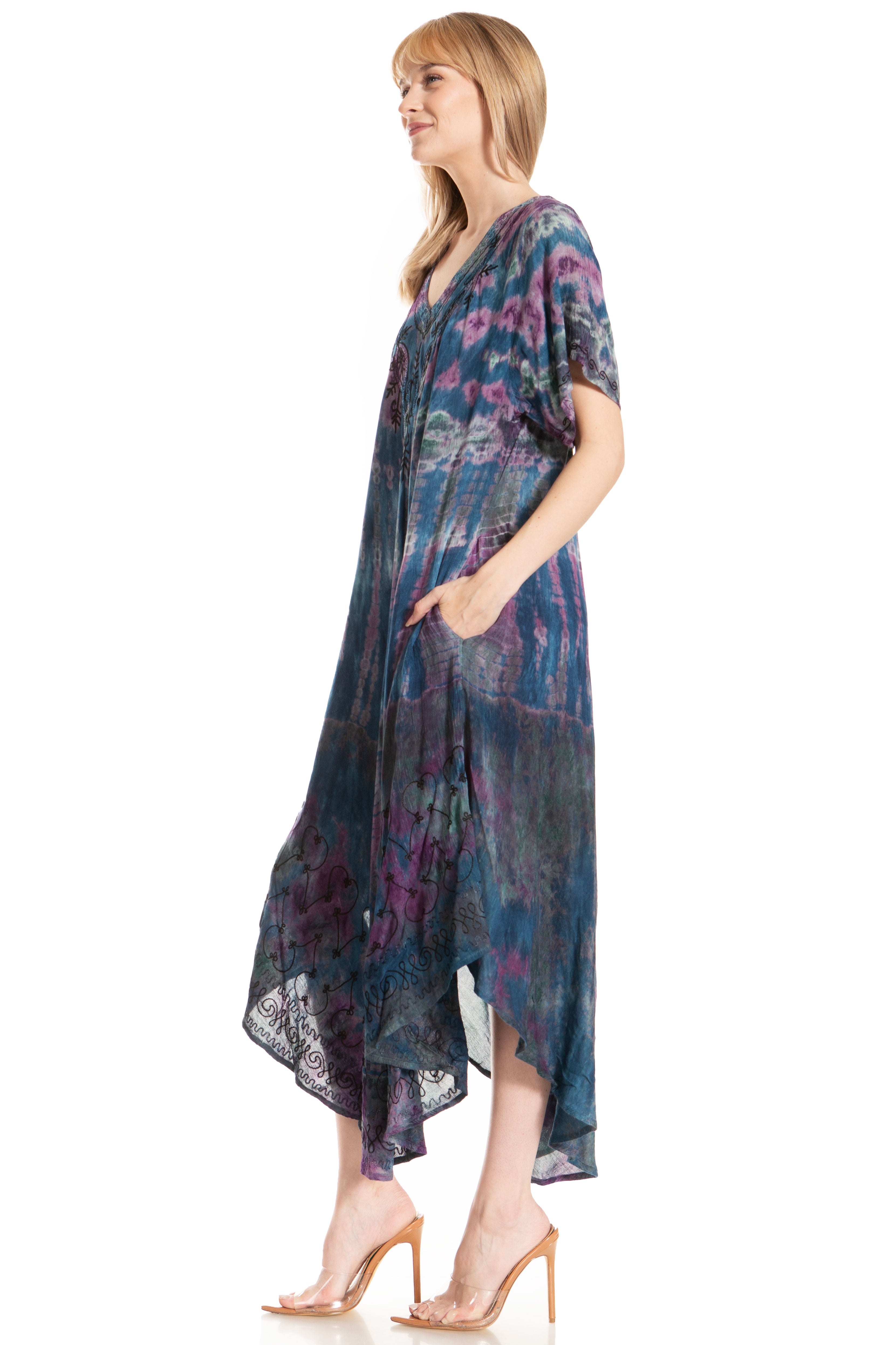 Woman wearing a colorful dress with a white background