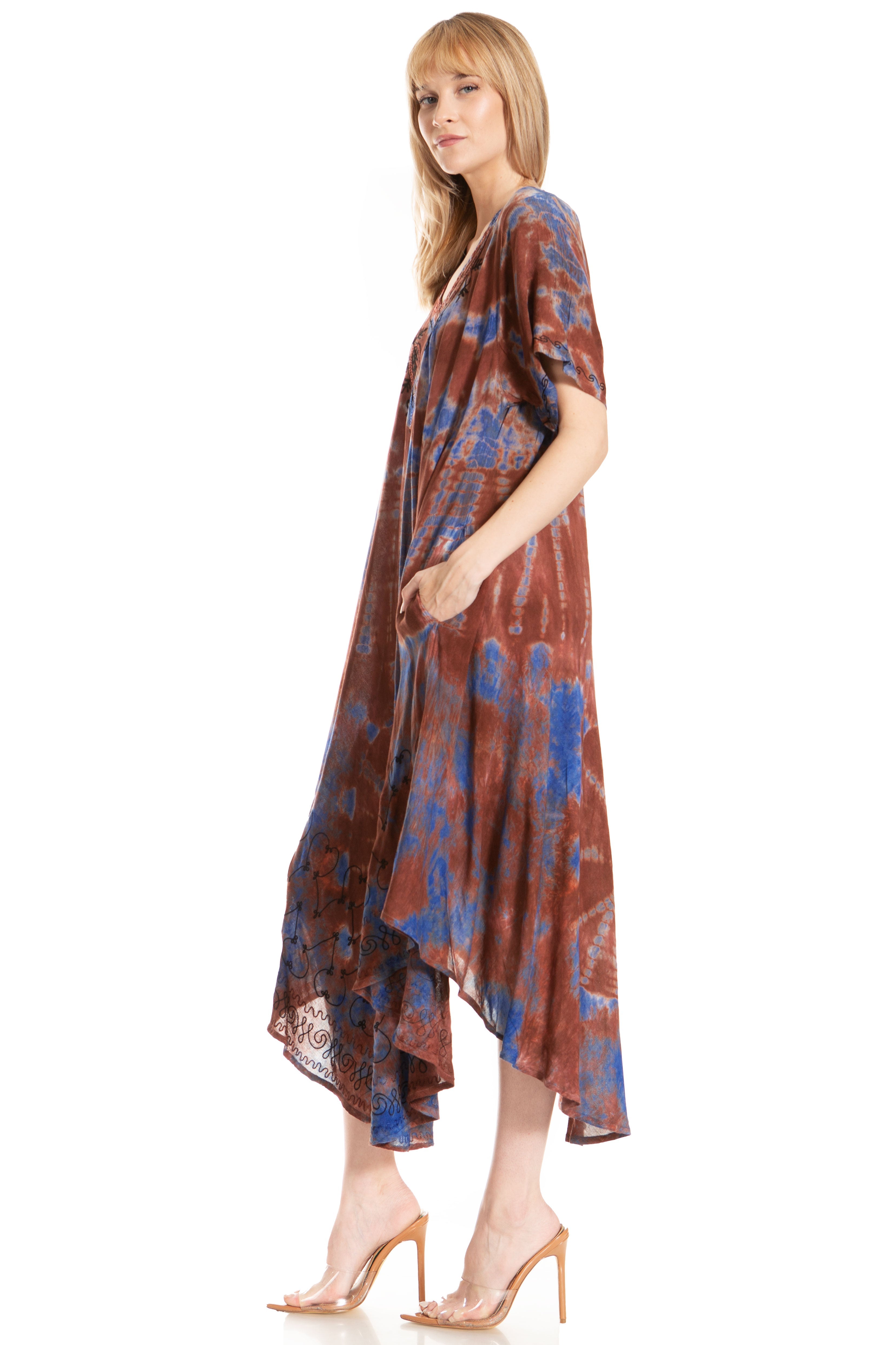 Woman wearing a patterned dress on a white background