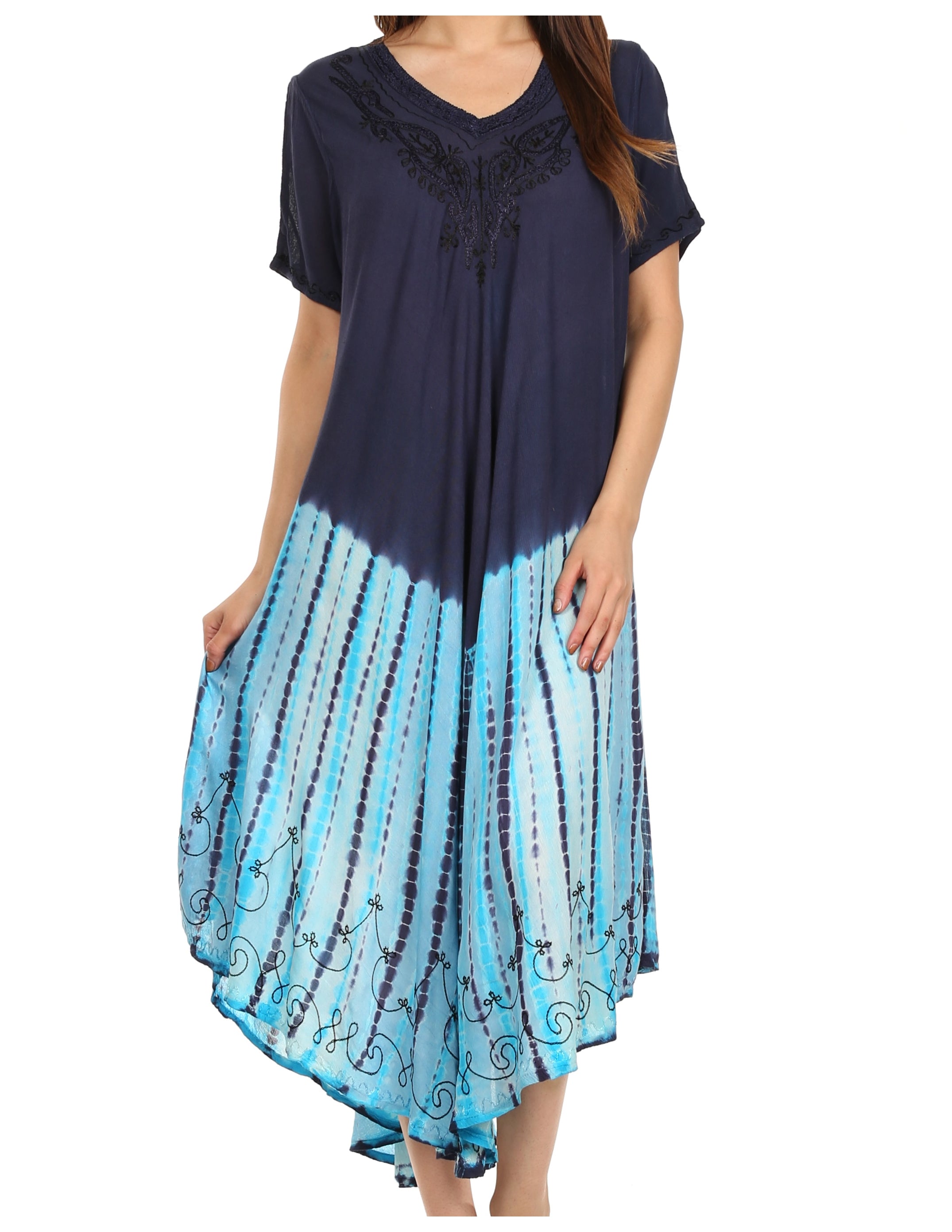 Navy blue and blue tie-dye dress with lace details on a white background