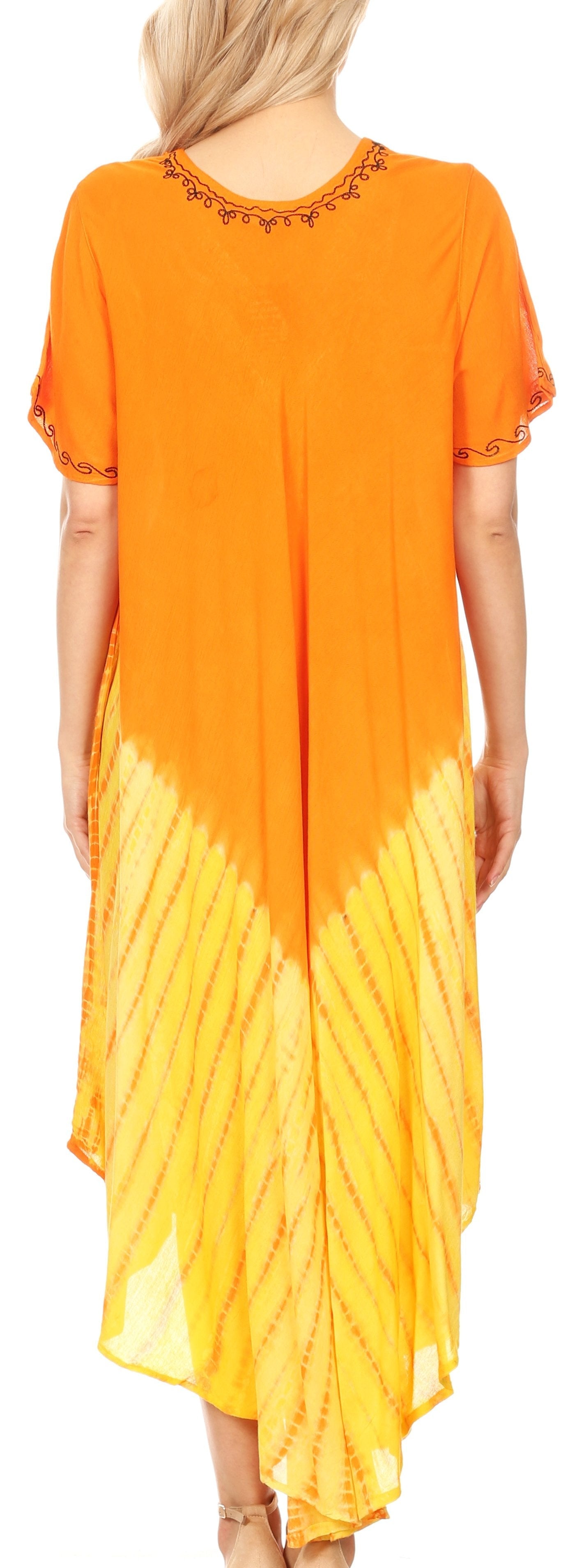 Orange and yellow dress with embroidery on a white background