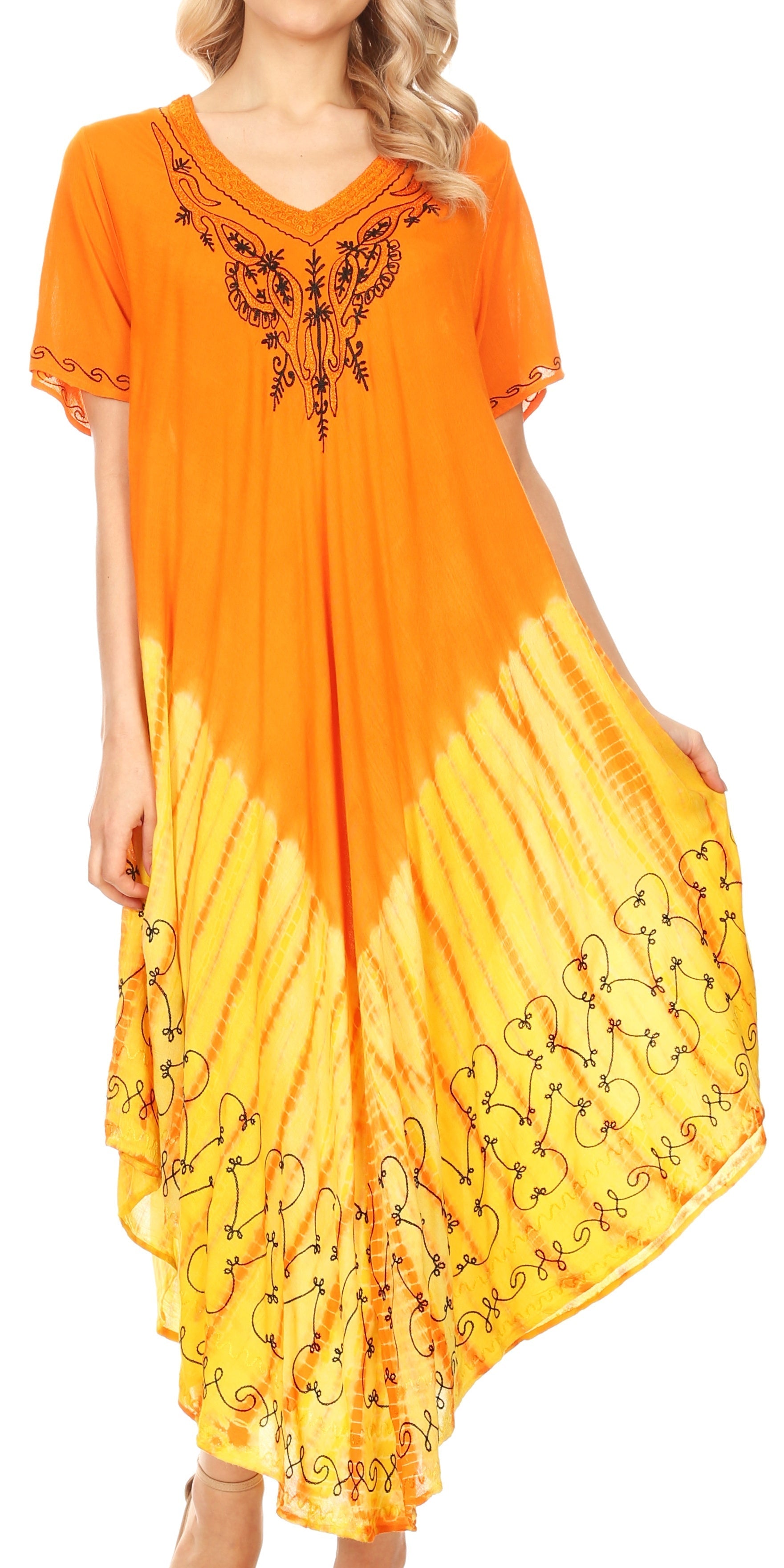 Orange and yellow dress with floral patterns on a white background