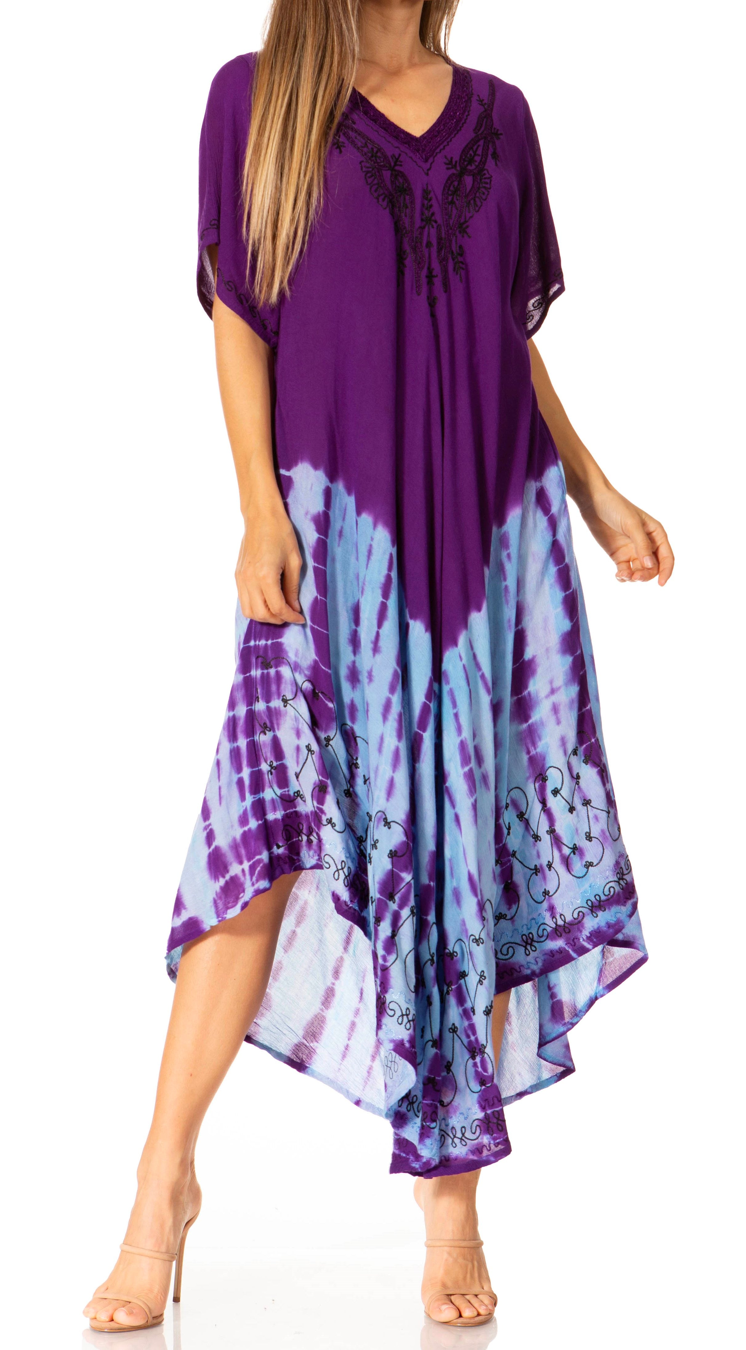 Purple and blue tie-dye dress worn by a model on a white background
