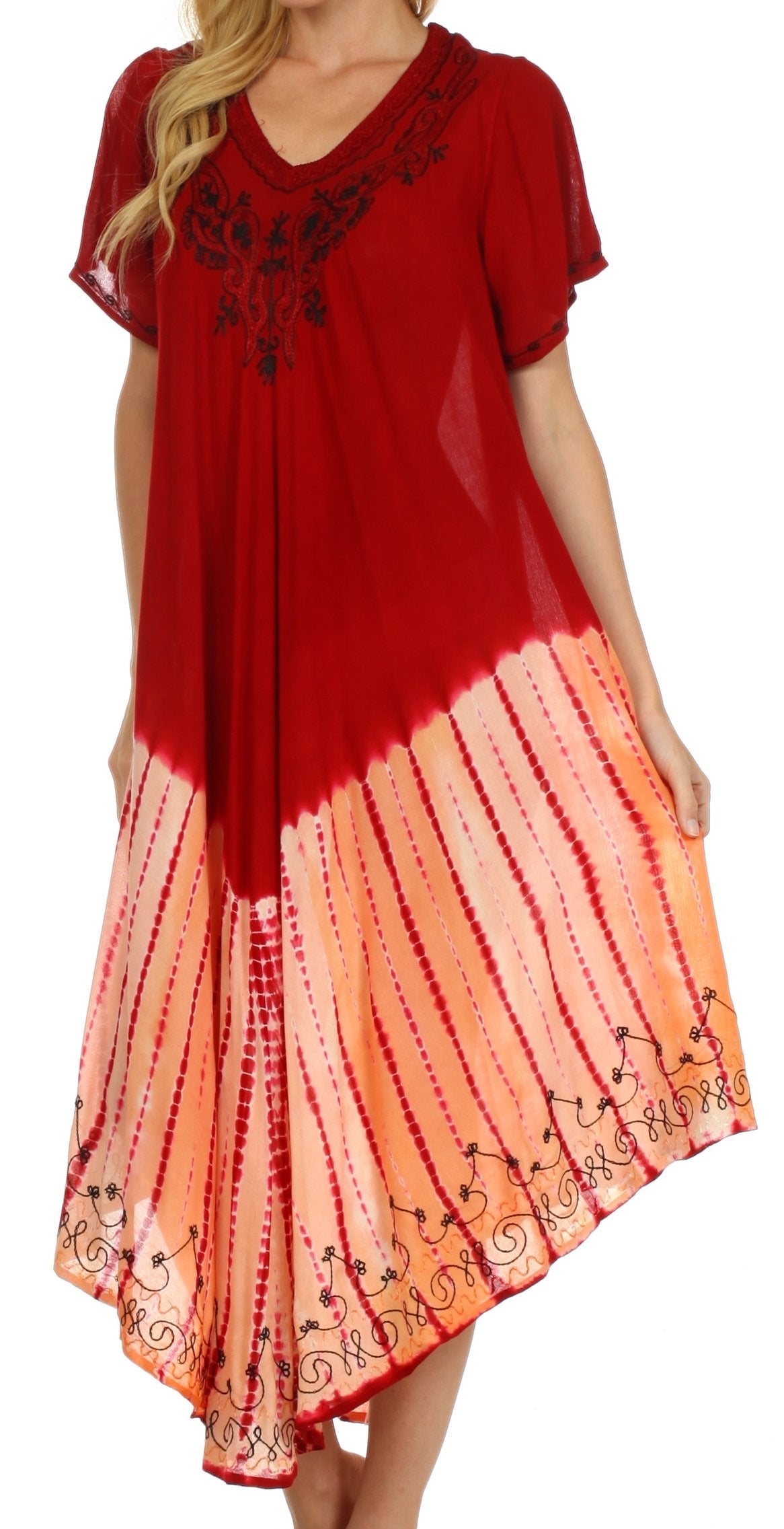 Red and orange tie-dye dress with floral embroidery on a white background