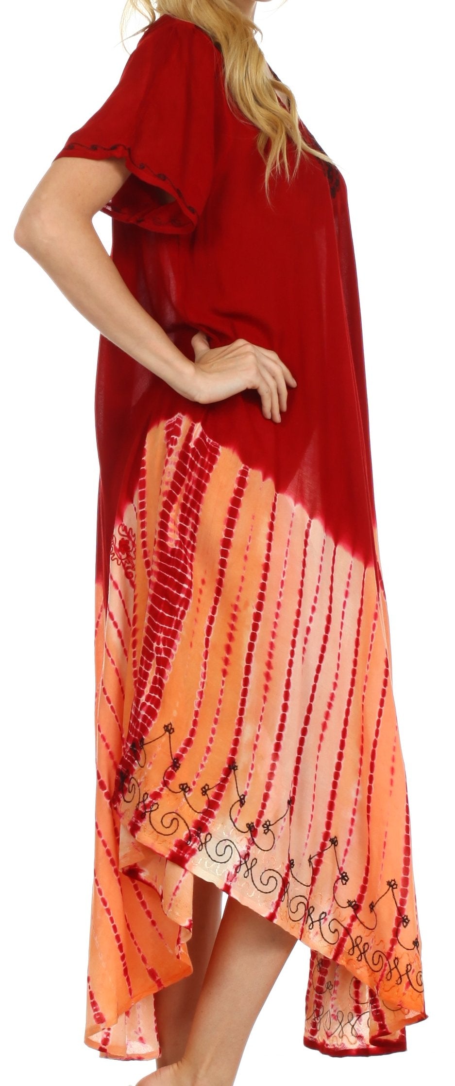 Red and orange tie-dye dress with floral patterns on a white background
