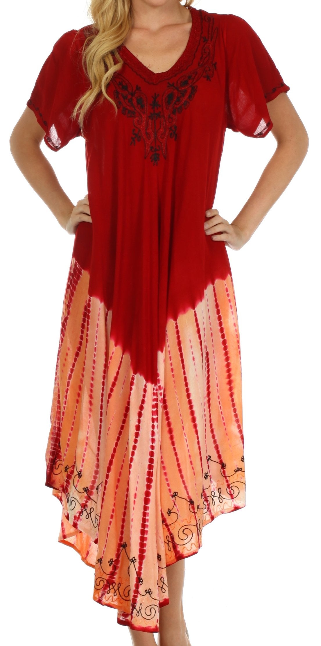 Red and orange tie-dye dress with floral patterns on a white background