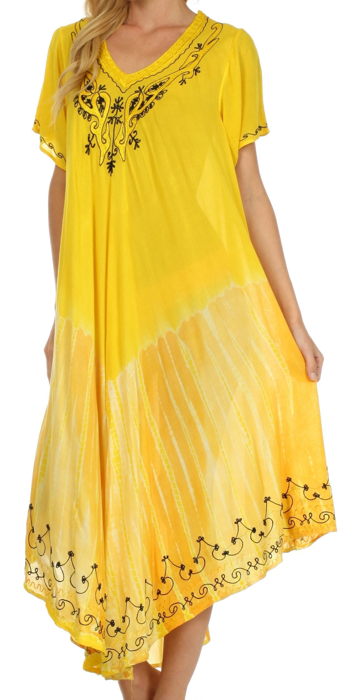 Yellow dress with black embroidery on a white background