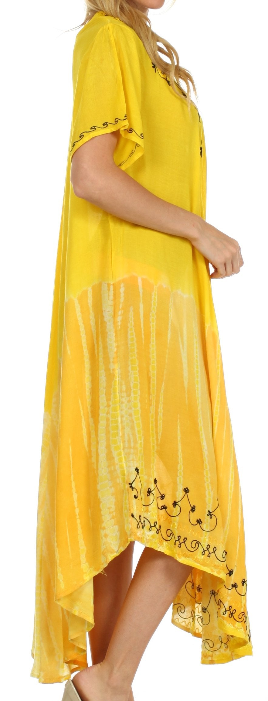 Yellow dress with floral embroidery on a white background